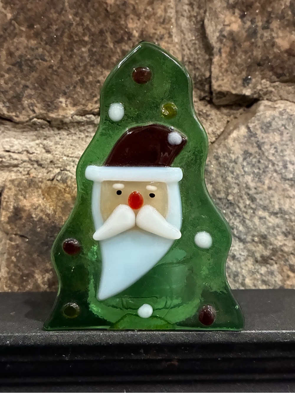 Christmas Tree Santa Claus Fused Glass Tea Light Candle Holder Green White New